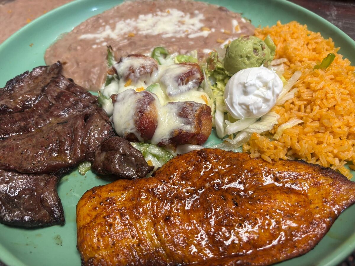 Carne asada and grilled chicken, side by side